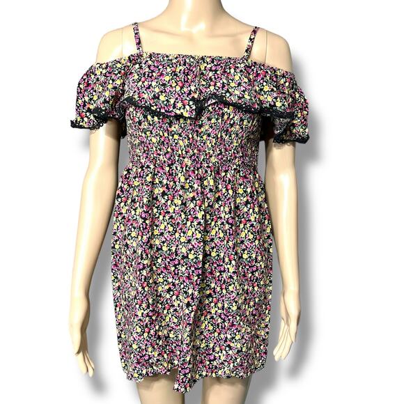 Lily Rose Womens Flounce Smocked Mini Dress Floral Spaghetti Strap Medium - Picture 1 of 10